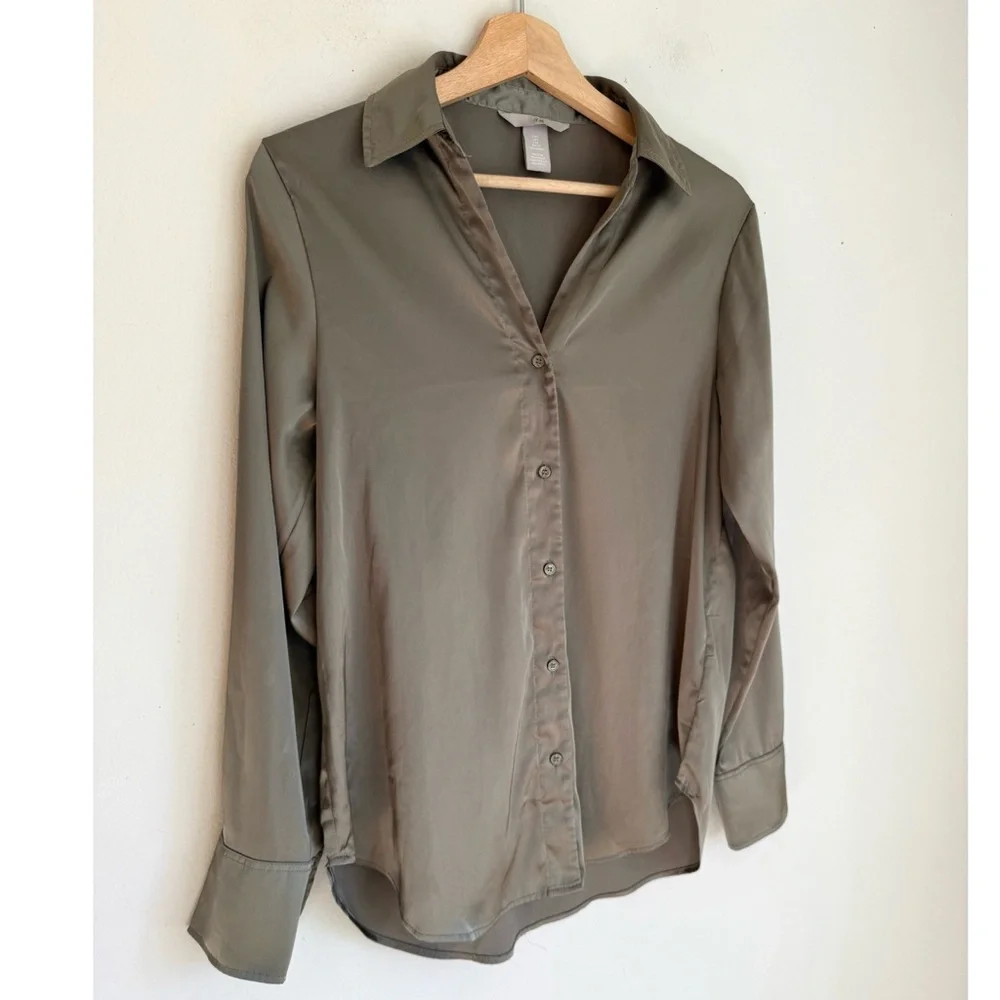 H&M Satin Button-Down Blouse in Muted Olive Green